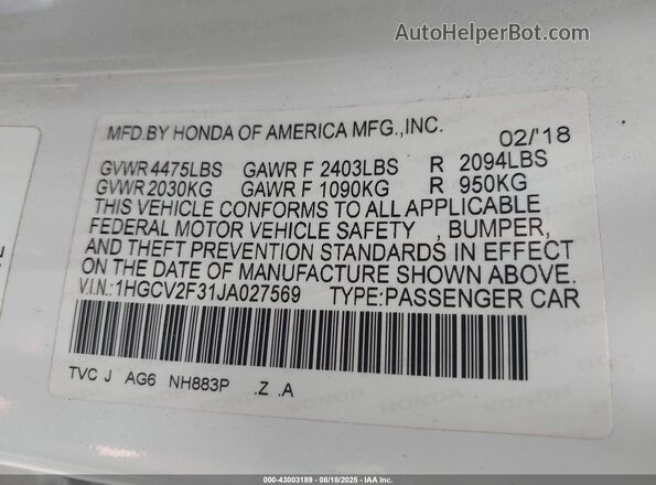 1HGCV2F31JA027569 2018 HONDA ACCORD Белый 