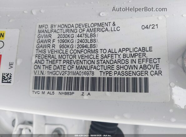 1HGCV2F31MA016978 2021 HONDA ACCORD White Engine compartment view
