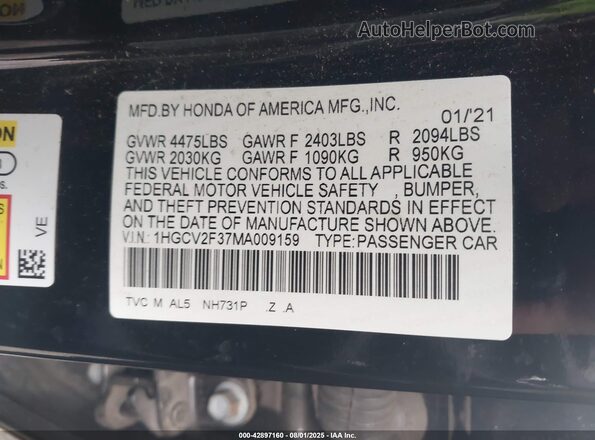 1HGCV2F37MA009159 2021 HONDA ACCORD Черный Вид подкапотного пространства