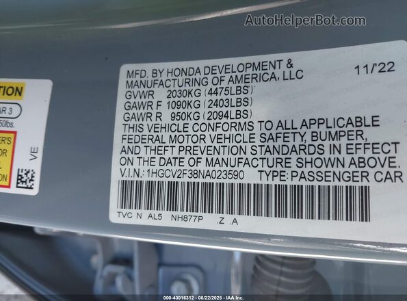 1HGCV2F38NA023590 2022 HONDA ACCORD Light Blue Вид подкапотного пространства