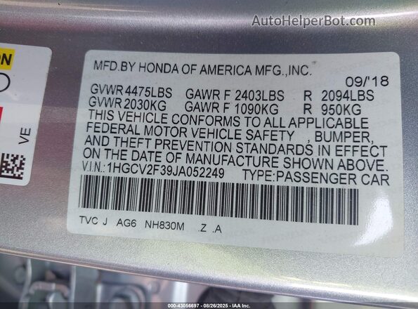 1HGCV2F39JA052249 2018 HONDA ACCORD Серебряный 