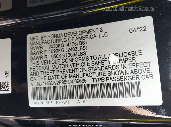 1HGCV2F95NA009666 2022 HONDA ACCORD Black Widok komory silnika