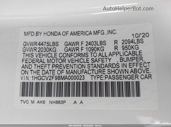 1HGCV2F98MA000023 2021 HONDA ACCORD White 