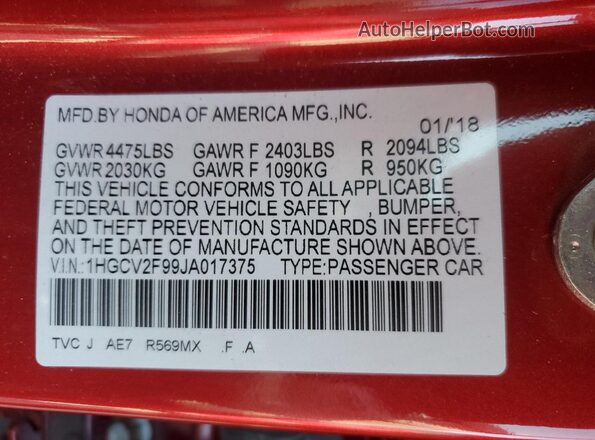 1HGCV2F99JA017375 2018 HONDA ACCORD Красный 