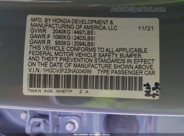 1HGCV3F23NA004099 2022 HONDA ACCORD Light Blue Вид подкапотного пространства