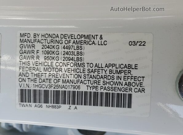 1HGCV3F25NA017906 2022 HONDA ACCORD White Widok komory silnika