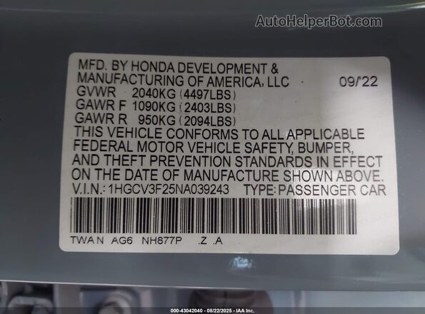 1HGCV3F25NA039243 2022 HONDA ACCORD Gray Widok komory silnika