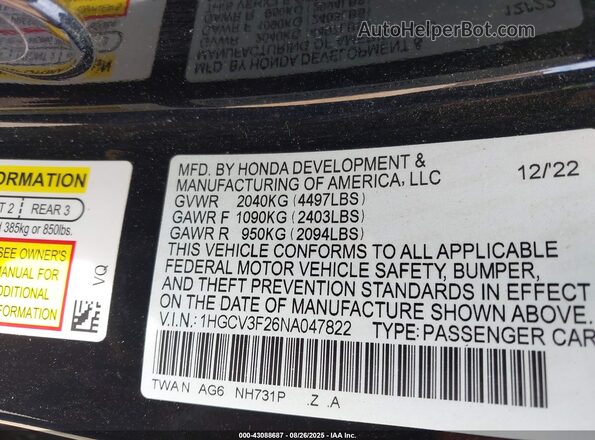 1HGCV3F26NA047822 2022 HONDA ACCORD Черный Вид подкапотного пространства