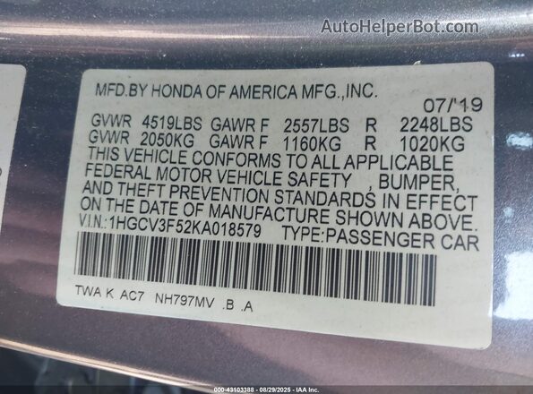 1HGCV3F52KA018579 2019 HONDA ACCORD HYBRID Silver 
