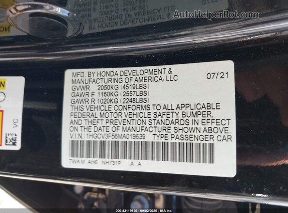 1HGCV3F56MA019639 2021 HONDA ACCORD HYBRID Black 