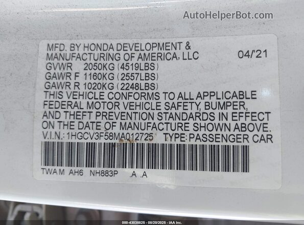 1HGCV3F58MA012725 2021 HONDA ACCORD White 