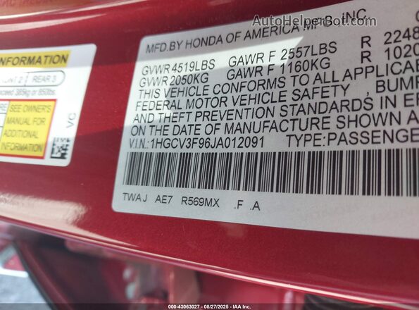 1HGCV3F96JA012091 2018 HONDA ACCORD HYBRID Red 