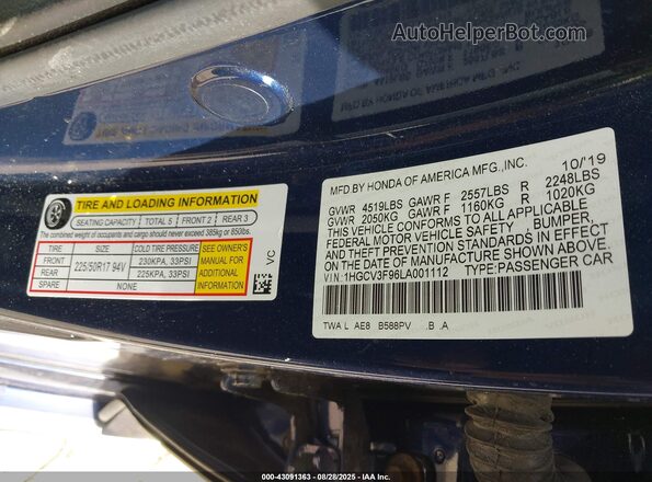 1HGCV3F96LA001112 2020 HONDA ACCORD Blue Vista del compartimento del motor