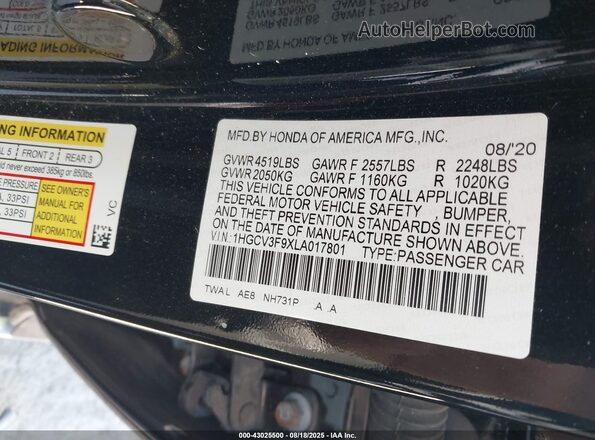 1HGCV3F9XLA017801 2020 HONDA ACCORD Black Շարժիչի բաժամունքի տեսք