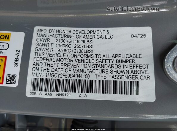 1HGCY2F59SA044100 2025 HONDA ACCORD HYBRID Gray 