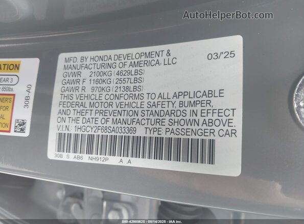 1HGCY2F68SA033369 2025 HONDA ACCORD Серый 