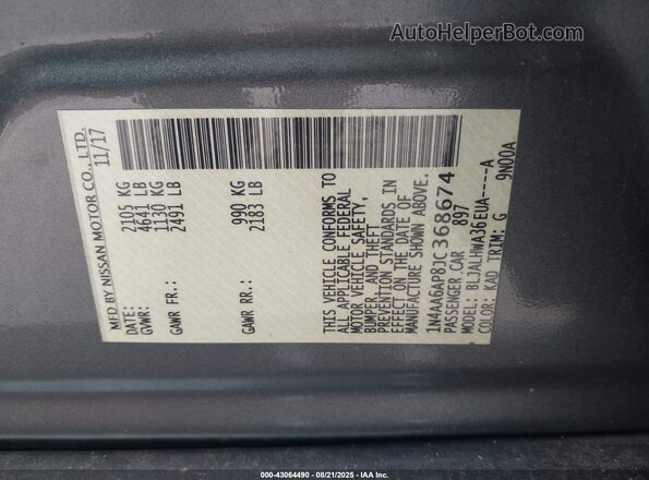 1N4AA6AP8JC368674 2018 NISSAN MAXIMA Серый 