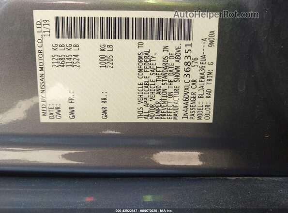 1N4AA6DVXLC368351 2020 NISSAN MAXIMA SL Серый Вид подкапотного пространства