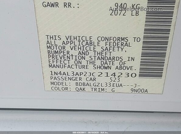 1N4AL3AP2JC214230 2018 NISSAN ALTIMA White 