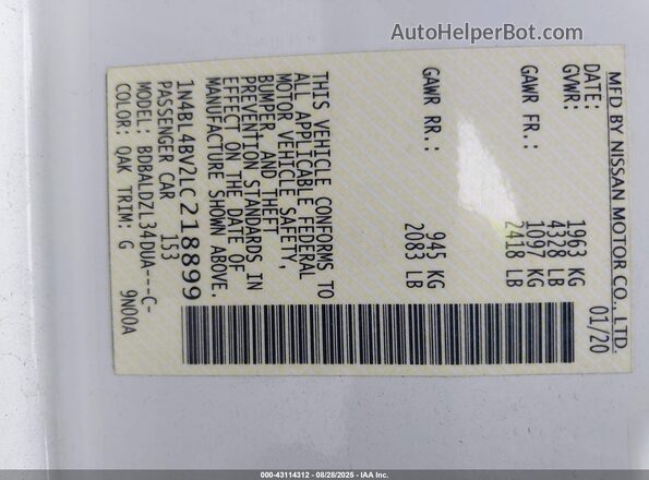 1N4BL4BV2LC218899 2020 NISSAN ALTIMA White Вид підкапотного простору