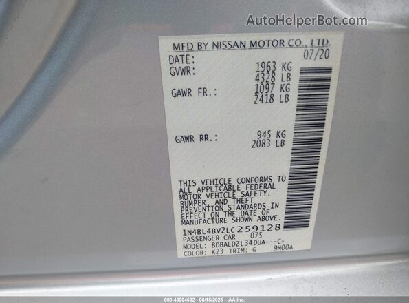 1N4BL4BV2LC259128 2020 NISSAN ALTIMA Silver Widok komory silnika