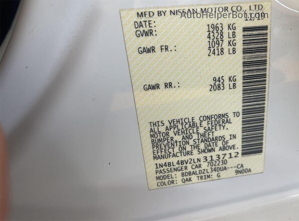 1N4BL4BV2LN313712 2020 NISSAN ALTIMA  Trasero derecho