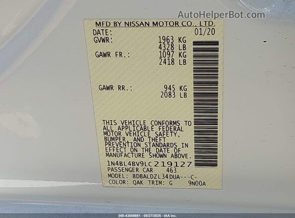 1N4BL4BV9LC219127 2020 NISSAN ALTIMA White Вид підкапотного простору