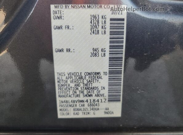 1N4BL4BV9MN418412 2021 NISSAN ALTIMA Gray VIN sticker view