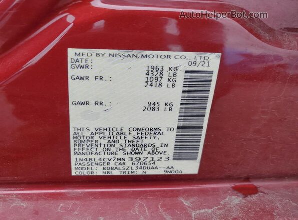 1N4BL4CV7MN397123 2021 NISSAN ALTIMA Red Widok komory silnika