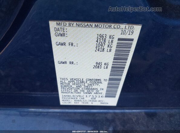 1N4BL4CV9LC175516 2020 NISSAN ALTIMA Blue Vista del compartimento del motor