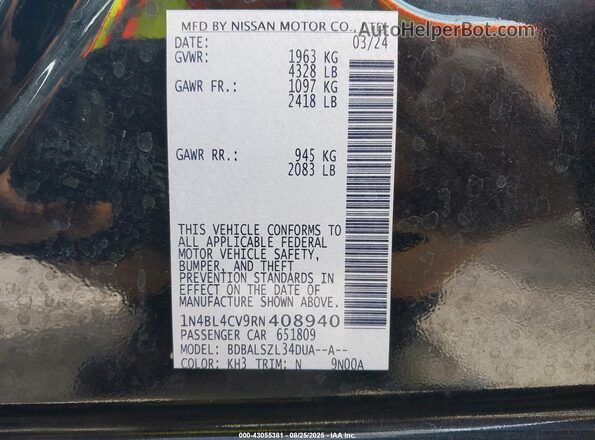 1N4BL4CV9RN408940 2024 NISSAN ALTIMA Black Engine compartment view