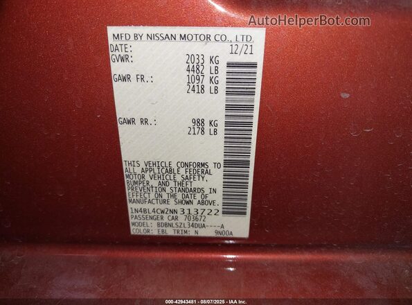 1N4BL4CW2NN313722 2022 NISSAN ALTIMA Оранжевый 