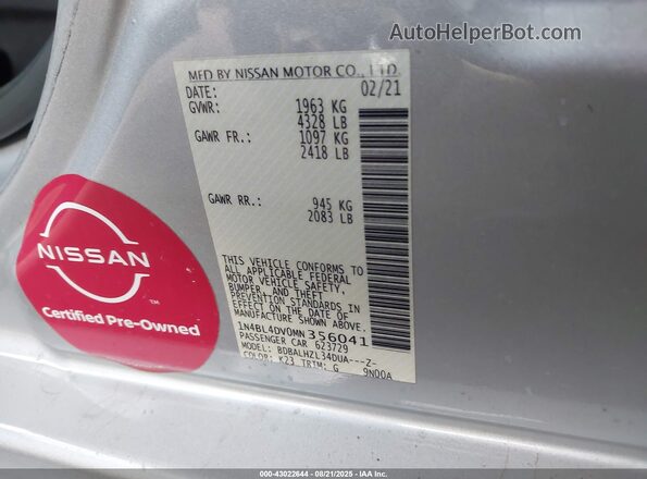 1N4BL4DV0MN356041 2021 NISSAN ALTIMA Серебряный Вид подкапотного пространства