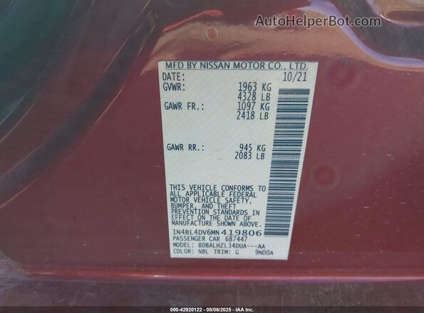 1N4BL4DV6MN419806 2021 NISSAN ALTIMA Red Engine compartment view