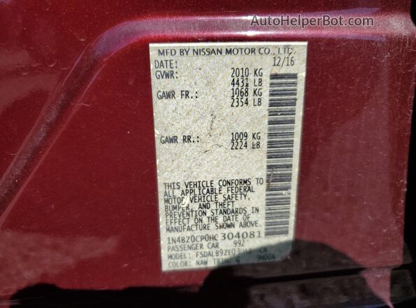 1N4BZ0CP0HC304081 2017 NISSAN LEAF Красный 