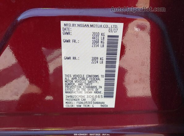 1N4BZ0CP0HC306865 2017 NISSAN LEAF Burgundy 