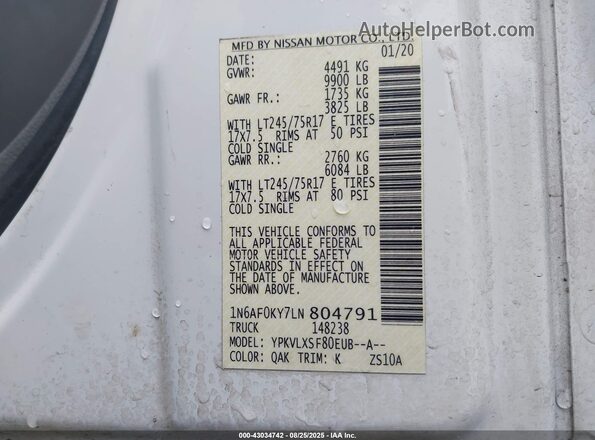 1N6AF0KY7LN804791 2020 NISSAN NV CARGO NV3500 HD White 