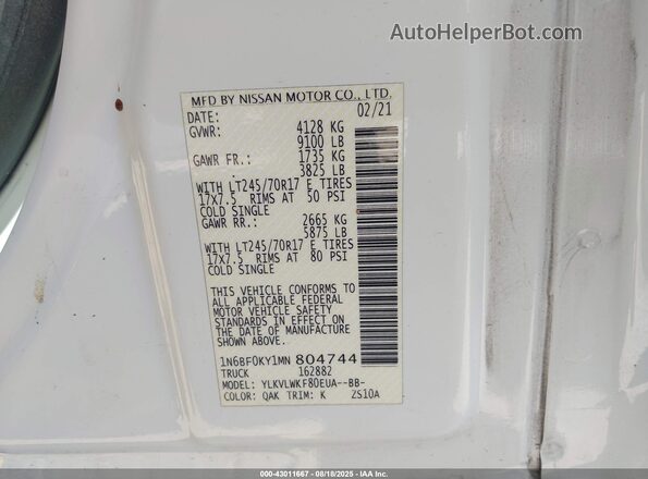 1N6BF0KY1MN804744 2021 NISSAN NV CARGO NV2500 HD White 