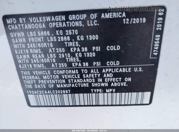 1V24C2CA4LC202897 2020 VOLKSWAGEN ATLAS White ძრავის განყოფილების ხედი