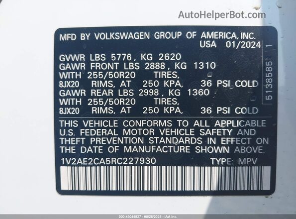 1V2AE2CA5RC227930 2024 VOLKSWAGEN ATLAS White Вид підкапотного простору