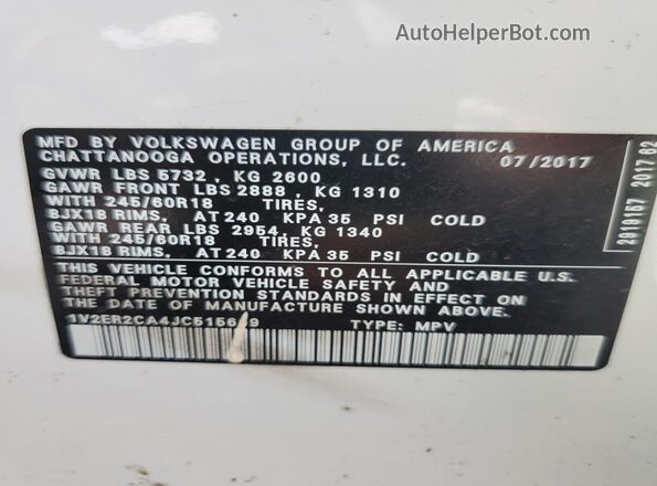 1V2ER2CA4JC515609 2018 VOLKSWAGEN ATLAS White 