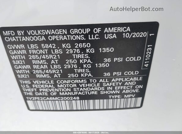 1V2FE2CA6MC200248 2021 VOLKSWAGEN ATLAS White ძრავის განყოფილების ხედი