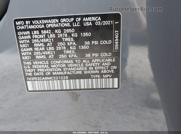 1V2FE2CA8MC221229 2021 VOLKSWAGEN ATLAS Gray Engine compartment view