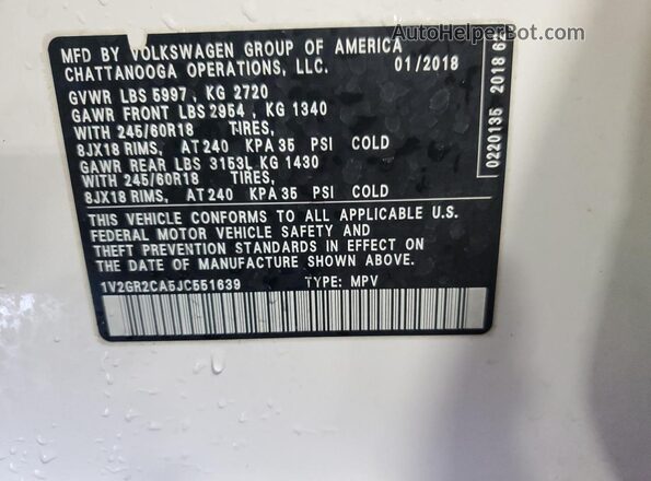 1V2GR2CA5JC551639 2018 VOLKSWAGEN ATLAS White 