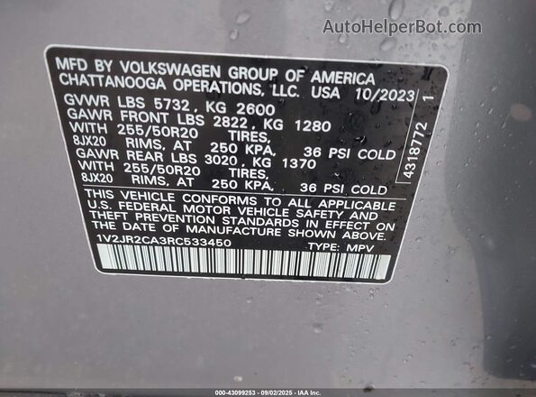 1V2JR2CA3RC533450 2024 VOLKSWAGEN ATLAS Silver ძრავის განყოფილების ხედი