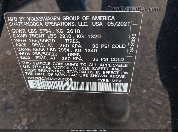 1V2JR2CA4MC592208 2021 VOLKSWAGEN ATLAS Black Widok komory silnika