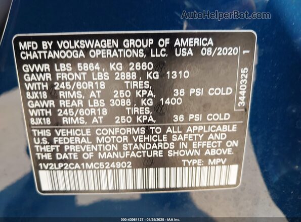1V2LP2CA1MC524902 2021 VOLKSWAGEN ATLAS Синий Вид подкапотного пространства