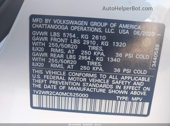 1V2WR2CA0MC525000 2021 VOLKSWAGEN ATLAS Белый Вид подкапотного пространства