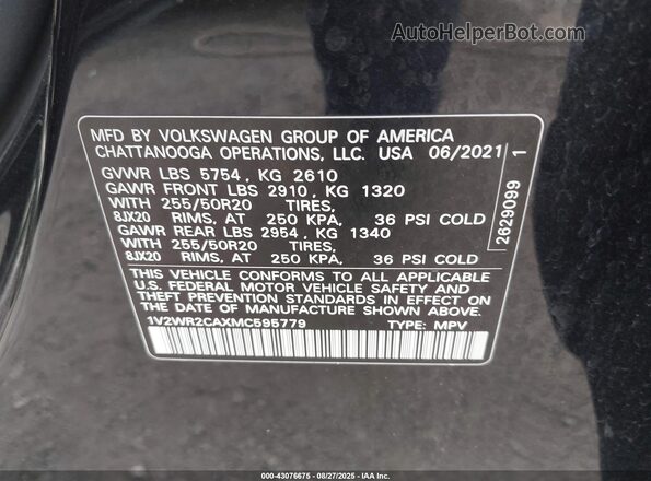 1V2WR2CAXMC595779 2021 VOLKSWAGEN ATLAS Black 