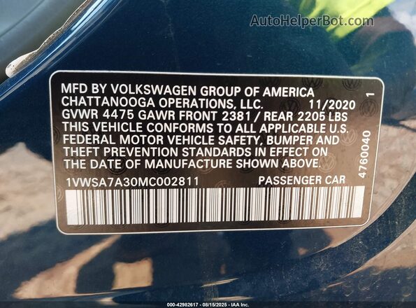 1VWSA7A30MC002811 2021 VOLKSWAGEN PASSAT Dark Blue Engine compartment view